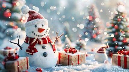 Fototapeta premium Happy Snowman with Gifts and Christmas Tree on Snowy Ground