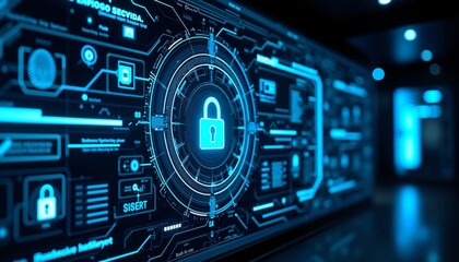 High-Tech Control Panel with Security Interface and Digital Elements