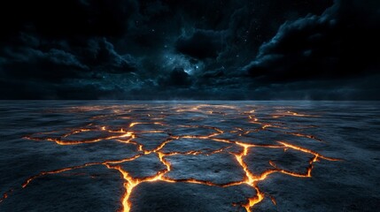 Volcanic Eruption Landscape with Starry Night Sky