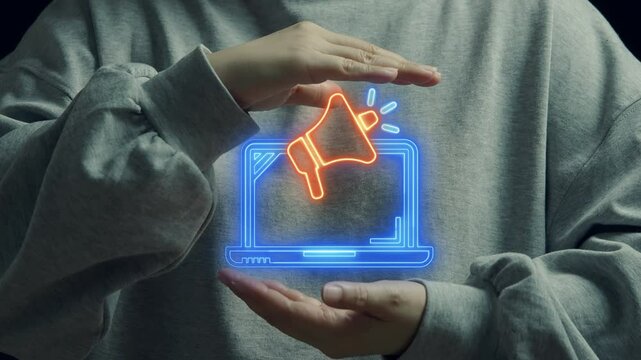 PR Campaign icon, Public Relations concept for construction, Investment, business development and Engineering. Businessman shows neon line of megaphone with computer laptop icon on virtual screen.