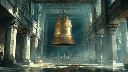 Obraz premium large golden bell hangs majestically in ancient temple, surrounded by intricate stone carvings and soft beams of light. atmosphere is serene and mystical, inviting contemplation