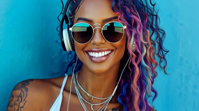 A woman with colorful hair is smiling while wearing headphones and sunglasses
