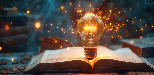 A radiant lightbulb floating above an open book with glowing symbols and pathways emerging.