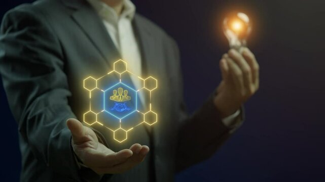 Stakeholder Relations icon, Public Relations concept for construction, Investment, business development and Engineering. Businessman shows glowing neon line of stakeholder with handshake icon.