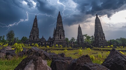 Obraz premium Lightning strikes illuminate an ancient temple complex in a dramatic, stormy sky.