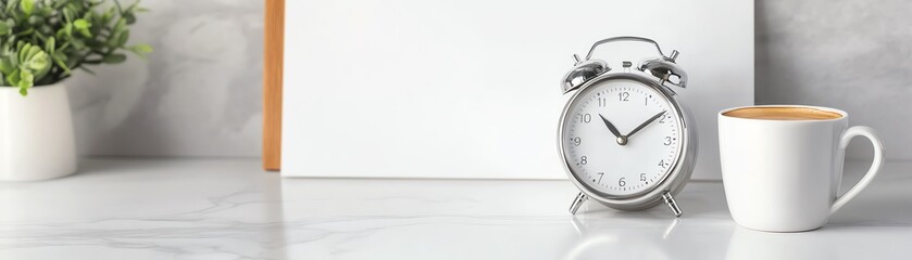 A serene morning setup featuring a vintage alarm clock, coffee mug, and blank canvas for notes or ideas on a marble countertop.