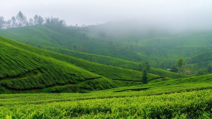 Fototapeta premium Lush green tea plantation on misty hills.