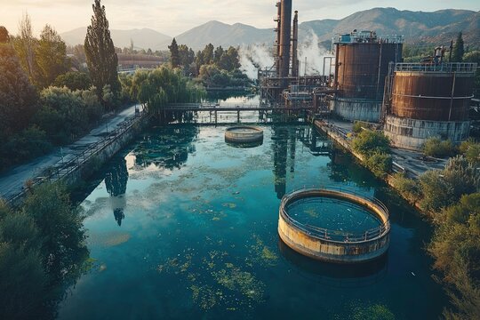 Industrial Complex with Water Reservoir and Smoke