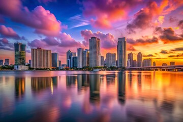 Obraz premium Stunning Miami City Skyline at Sunset - Long Exposure Photography of Vibrant Colors, Modern Architecture, and Reflective Waters in Florida's Iconic Urban Landscape