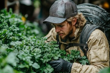 Man in a Tan Jacket Examining Green Plants in a Forest