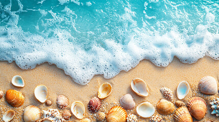sandy beach with scattered seashells and gentle waves lapping at shore creates serene coastal scene. vibrant colors of shells contrast beautifully with soft sand and clear water