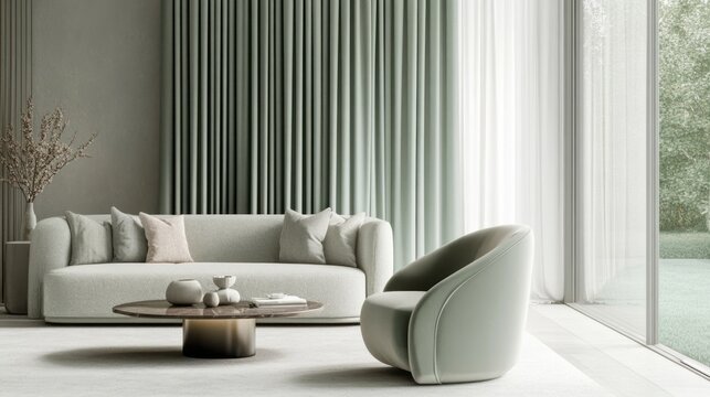 Minimalist Living Room with Green Accents and Natural Light