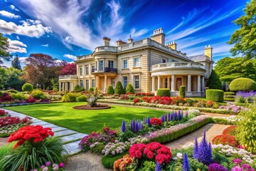 Stunning Modern Mansion with Classical Architecture Surrounded by Lush Landscaping - Elegant Home Design, Luxury Property, and Beautiful Gardens