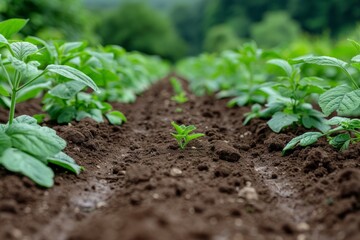 Rows of flourishing potato plants grow in a lush green field under a blue sky during the early summer, showcasing a promising agronomy project focusing on sustainable farming practices