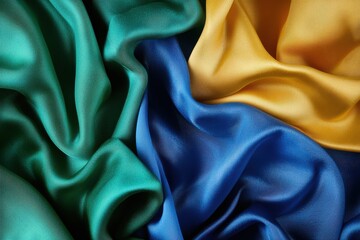 Obraz premium A close-up of flowing satin fabric in vibrant colors green, blue, and yellow, showcasing texture and richness.