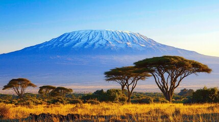 Majestic snow-capped mountain with savanna landscape.