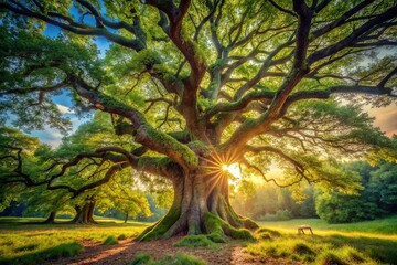 Fototapeta premium Stunning Old Oak Tree in Vibrant Forest Clearing - Majestic Nature Scene with Lush Greenery and Sunlight Filtering Through Leaves - Perfect for Landscape and Nature Photography