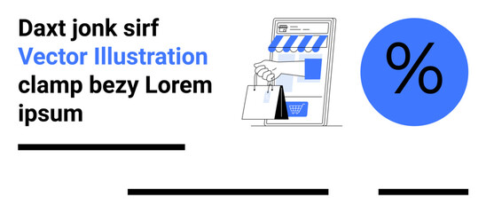 Smartphone screen with online store icon, facade, and shopping bags. Percentage icon in blue circle. Ideal for online shopping, sales, promotions, marketing, business, retail, digital marketing