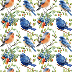 Watercolor blue birds  on a branch. Seamless pattern  cozy with birds on a white background. Orange and blue print. Forest pattern.