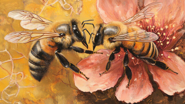 Worker bees, primarily the females, collect nectar from flowering plants using their long proboscis. They visit numerous flowers, gathering nectar, which is mostly sugar water. 