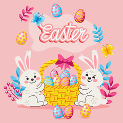 Easter card with bunnies and basket with Easter eggs