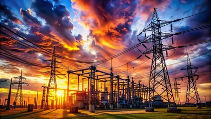 Stunning Portrait of High Voltage Electrical Substation with Dramatic Sky, Power Lines, and Industrial Infrastructure, Showcasing Energy Efficiency and Modern Technology in Action
