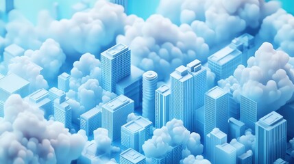 Fototapeta premium Isometric Illustration of Cloud Technology with Blue Cityscape Buildings and Clouds on White Background