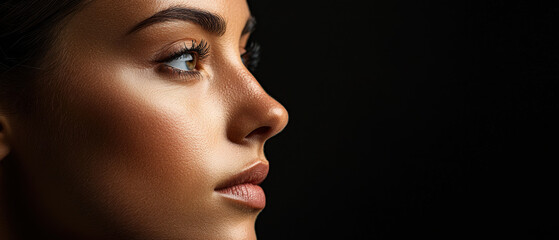 Fototapeta premium A close-up profile of a woman with glowing skin and sharp features against a dark background, highlighting her elegance and beauty.