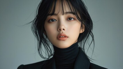 A beautiful Korean woman in a black blazer and turtleneck, black hair with bangs, light gray background.