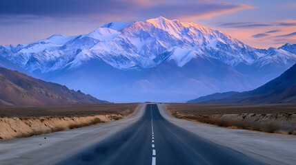 Deserted asphalt road and mountain landscape at dawn