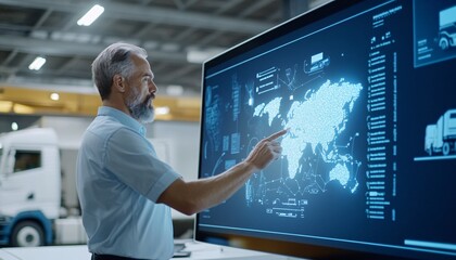 A man interacts with a high-tech display, analyzing data and logistics on a world map, set in an industrial environment with vehicles in the background.