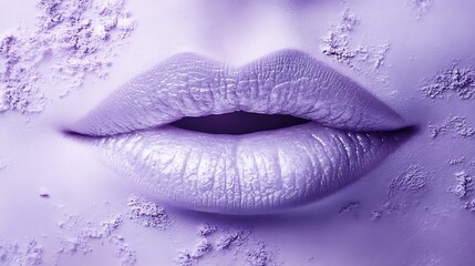 Intense close-up of lips with pale lavender matte lipstick, showcasing velvety smooth texture, lit with soft, ambient light to emphasize the gentle and airy color, high-quality,