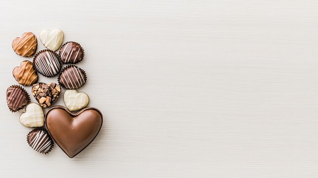 A chic Valentines Day advertisement poster displays a heart-shaped arrangement of assorted gourmet chocolates on a light wooden surface, evoking a sense of elegance. The deep depth of field captures