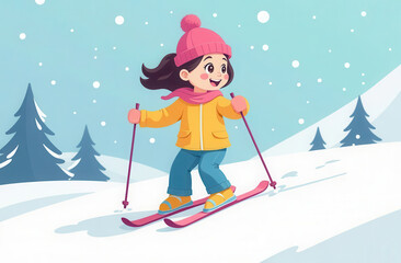 Joyful cartoon girl skiing in a winter wonderland
