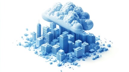 Isometric Illustration of Cloud Technology with Blue Cityscape Buildings and Clouds on White Background