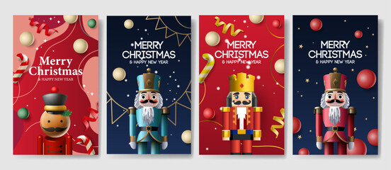 Set of Christmas cards with cute Nutcracker. Xmas lettering. Holiday greeting card collection. New year invitation, banner, poster, vector illustration. 