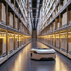 Fototapeta premium Automated, Intelligent Warehouse Robot Navigating Aisles of Vast Modern Storage Facility Concept