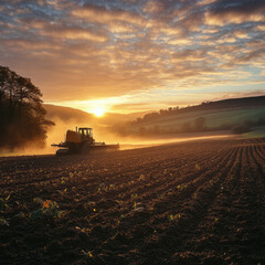 Naklejka premium Tractor in vast field at sunrise, cultivating land under colorful sky, showcasing early morning rural farming scene concept