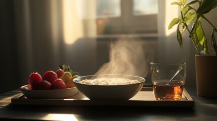 Fresh Breakfast with Steaming Oatmeal and Fruit