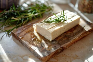 A piece of cheese sits on top of a wooden cutting board, ready for use