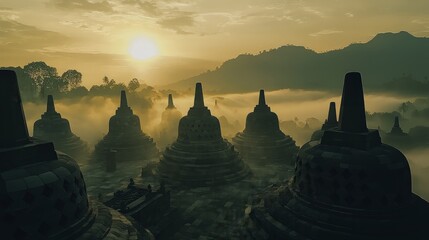Sunrise illuminates ancient Buddhist temple complex with misty mountains in the background.