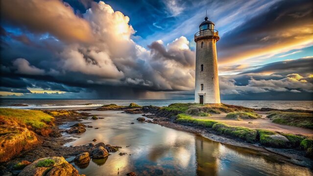 Stunning Tilt-Shift Photography of Southerness Lighthouse Under Dramatic Cloudy Skies for Captivating Seascape Imagery