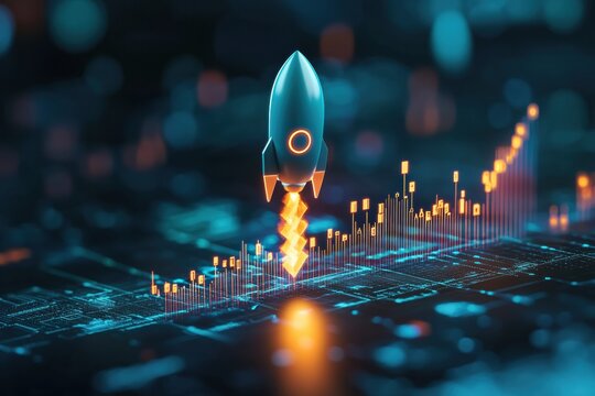 Analyze economic trends through rising graphs and rocket launching visions for high fidelity growth