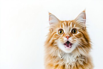 Close-Up Portrait of a Funny Ginger Cat with Surprised Expression on White Background