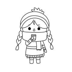 A girl with a scarf on her neck is drinking a cup of tea