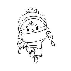 A girl in a hat and scarf is standing in the snow