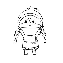 A girl with braided hair is wearing a scarf and a hat