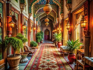 Obraz premium Stunning Vintage Style Photography of an Exotic Indian Hallway with Ornate Architecture, Rich Textiles, and Warm Lighting for Interior Design Inspiration