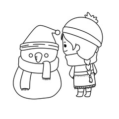 Naklejka premium A girl is standing next to a snowman wearing a hat and scarf