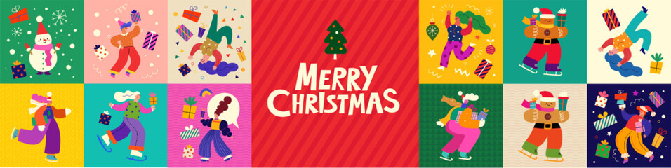 Christmas illustrations. Merry Christmas holiday elements. Christmas decorative collection with fun people, Santa Claus, Snowman. Christmas gifts.
